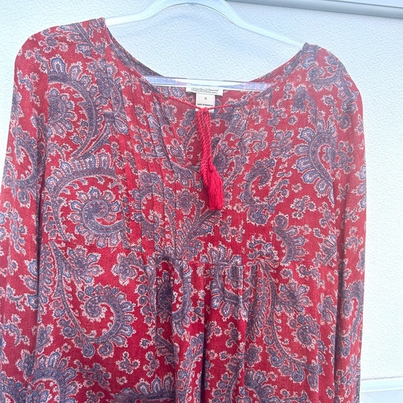 Lucky brand peasant top S paisley print red/blue tasseled boho hippie pleated - Picture 3 of 11